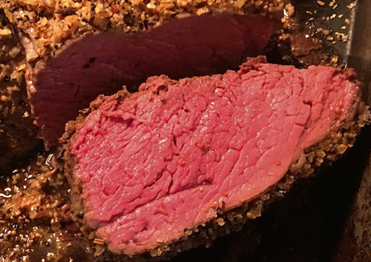 An image of a tenderloin, perfectly done and perfectly pink, edge to edge, end to end because we cook with precisely heated nebulized water. Roast beef at a perfect 135ºF? No problem!